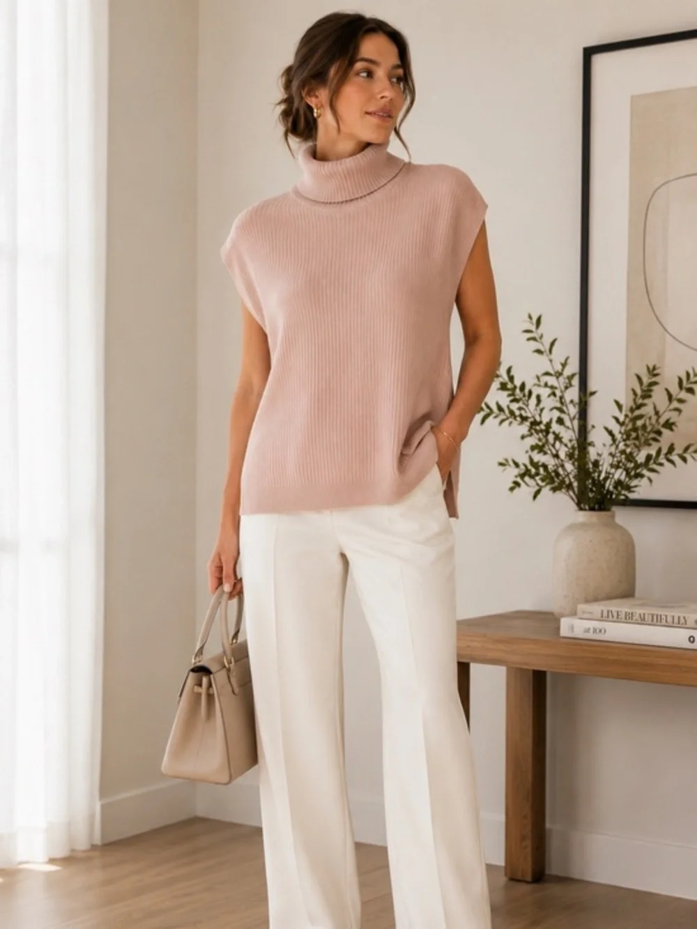 Elise Sleeveless Angora Mohair Turtleneck Sweater Vest Mauve M Quiet Luxury Glam